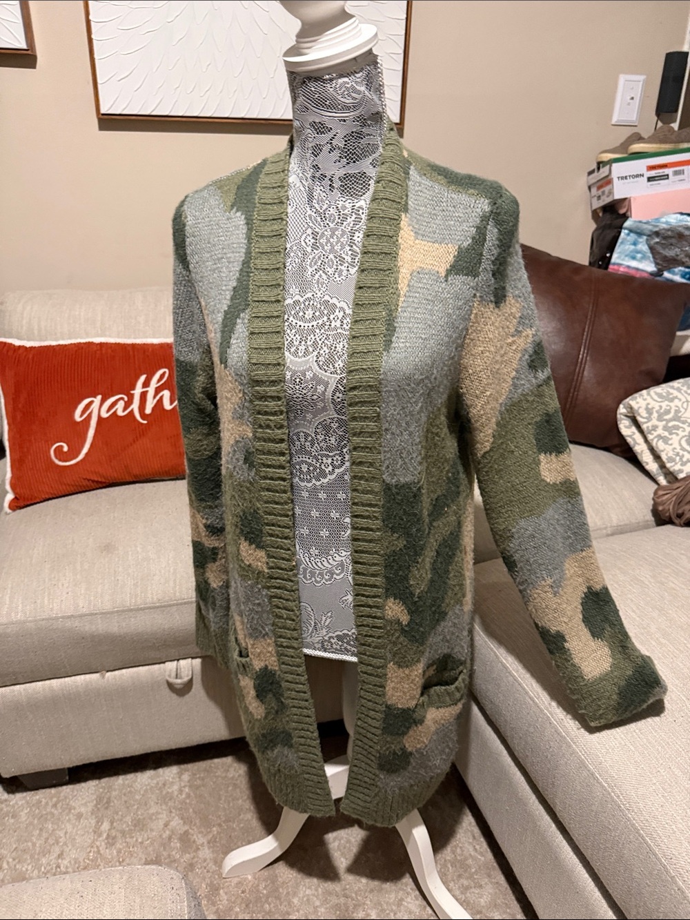 Hollister Olive Green and Beige Camouflage Open-Front Cardigan